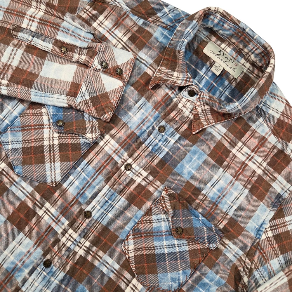 Ryan Michael Western Shirt Men XL Plaid Brass Warrior Snaps Heavy Flannel